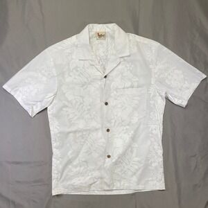 Royal Creations Mens White on White Hawaiian Tropical Floral Camp Shirt Medium